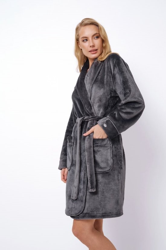 Luxe badjas dames – kort model – grijze badjas met kroon borduringen - damesbadjas zacht – luxury bathrobe – 100% fleece – maat XXL