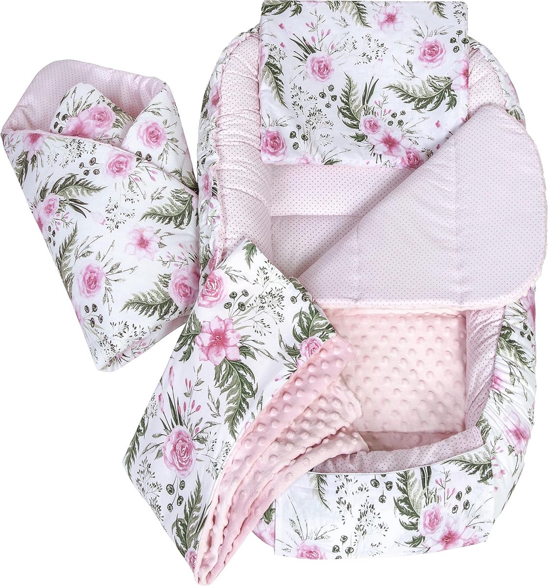 Image of 5-delige set babynestjes, 100 x 60 x 15 cm, uitneembaar inzetstuk, knuffelnest, kruipdeken voor baby's, pasgeborenen, 100% katoen (bloem met lichtroze minky)