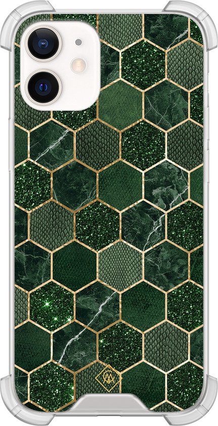 Casimoda® hoesje - Geschikt voor iPhone 12 Mini - Kubus Groen - Shockproof case - Extra sterk - TPU/polycarbonaat - Groen, Transparant