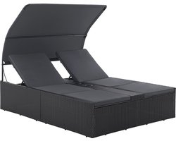 Juskys Polyrotan Loungebed / Ligbed Syros - Zwart - 2 personen - Incl. Kussens & Zonnedak