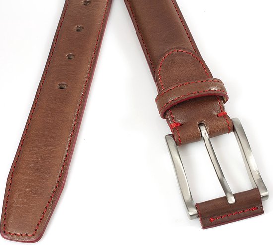 JV Belts Rood bruine heren riem - heren riem - 3.5 cm breed - Bruin - Echt Leer - Taille: 120cm - Totale lengte riem: 135cm