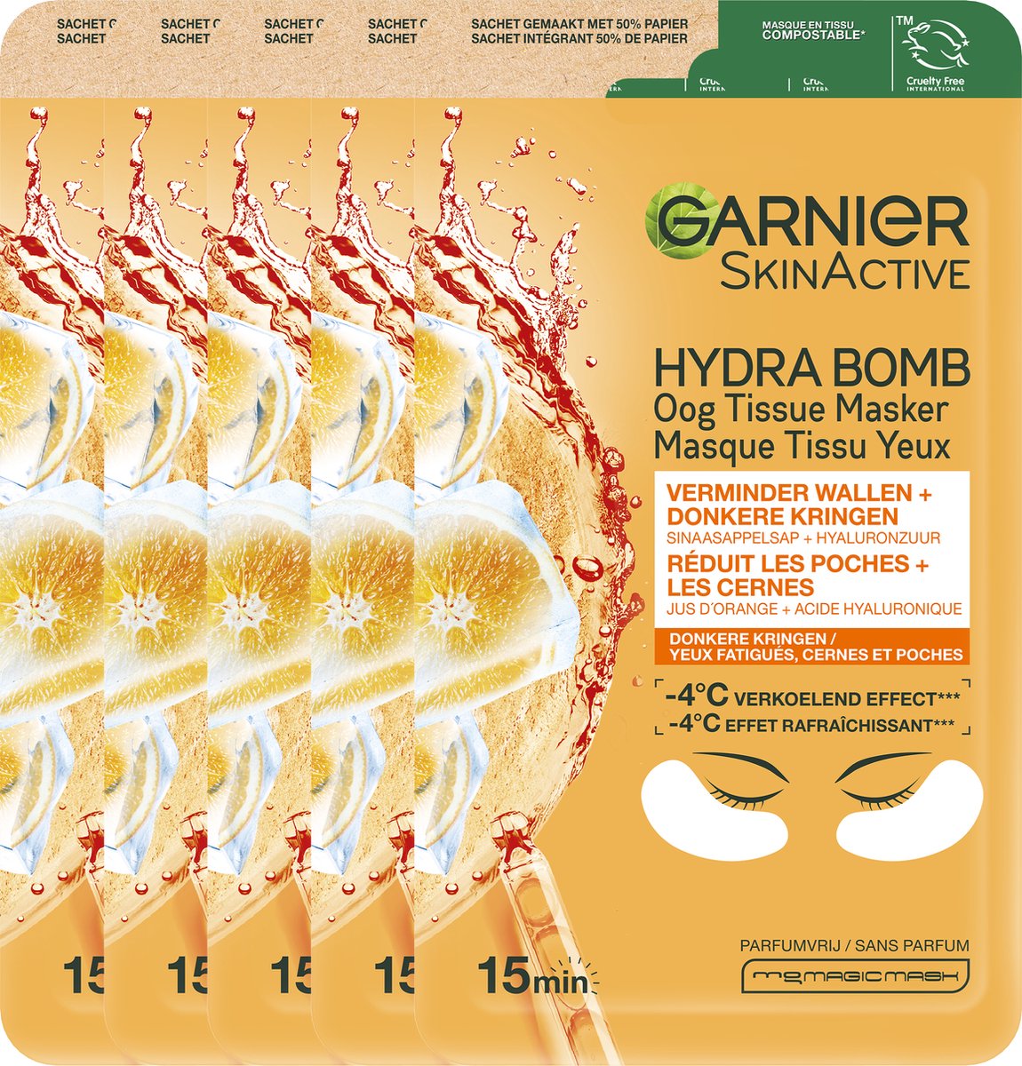 Garnier SkinActive Sheet Oogmasker - 5 Stuks - Sinaasappelsap en Hyaluronzuur - Voordeelverpakking - Garnier