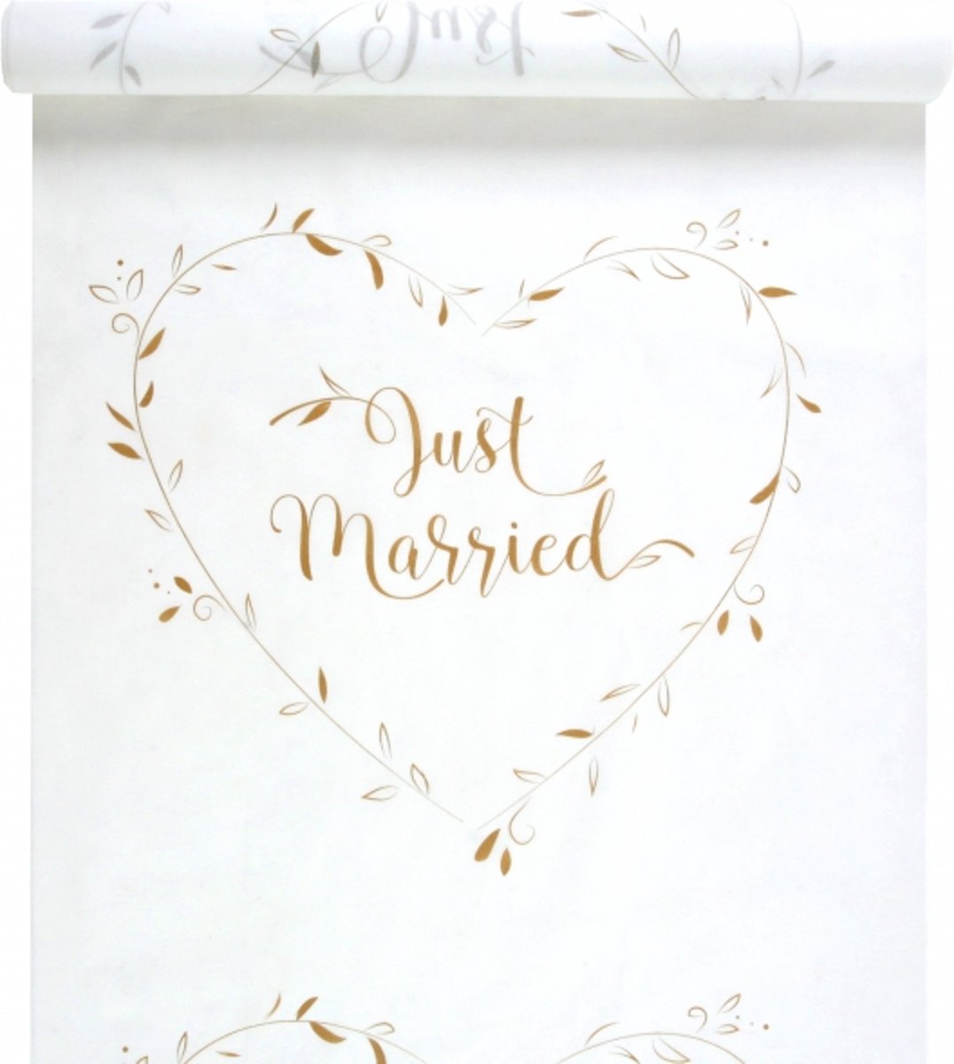 10 meter lange loper Just Married wit met goud - trouwen - huwelijk - bruiloft - bruidsloper - just married