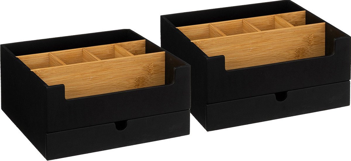 Five Make up organizer - 2x - zwart - 26 x 24 x 13 cm - bamboe hout - pennenbakje / bureau
