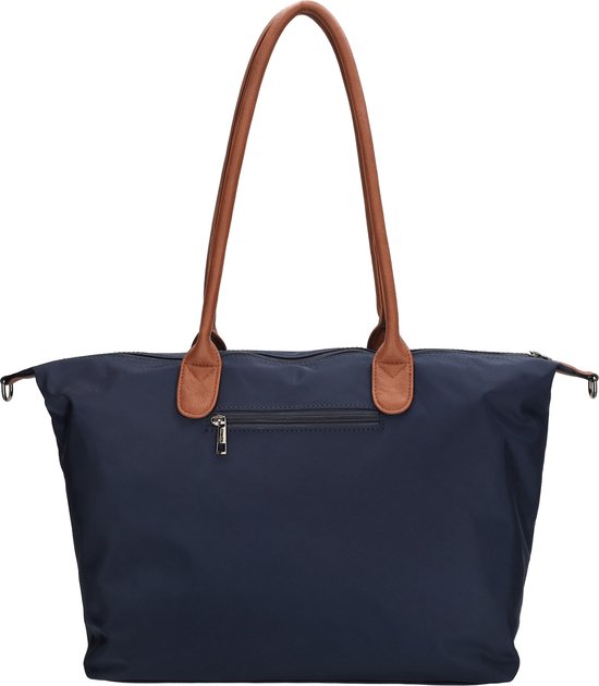 Donkerblauwe nylon tas met bruine leren handvatten en een achtervak met rits.