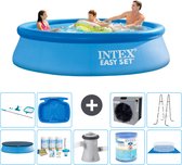 Intex Rond Opblaasbaar Easy Set Zwembad - 305 x 76 cm - Blauw - Inclusief Afdekzeil - Onderhoudspakket - Zwembadfilterpomp - Filter - Grondzeil - Schoonmaakset - Ladder - Voetenbad - Warmtepomp
