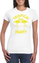 Bellatio Decorations Tropical party T-shirt dames - met glitters - wit/geel - carnaval/themafeest S