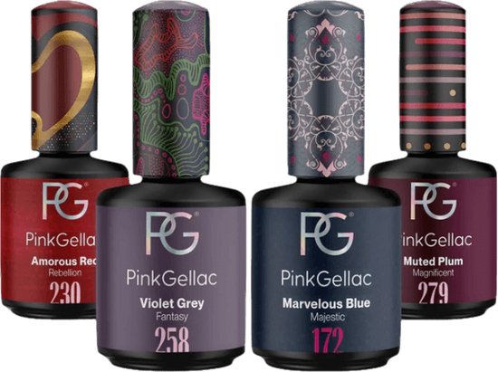 Pink Gellac Gellak Set - Manicure Set met 4 x 15ml Kleuren - 230 Amorous Red - 258 Violet Grey -172 Marvelous Blue - 279 Muted Plum - Gel Nagellakset voor Thuis