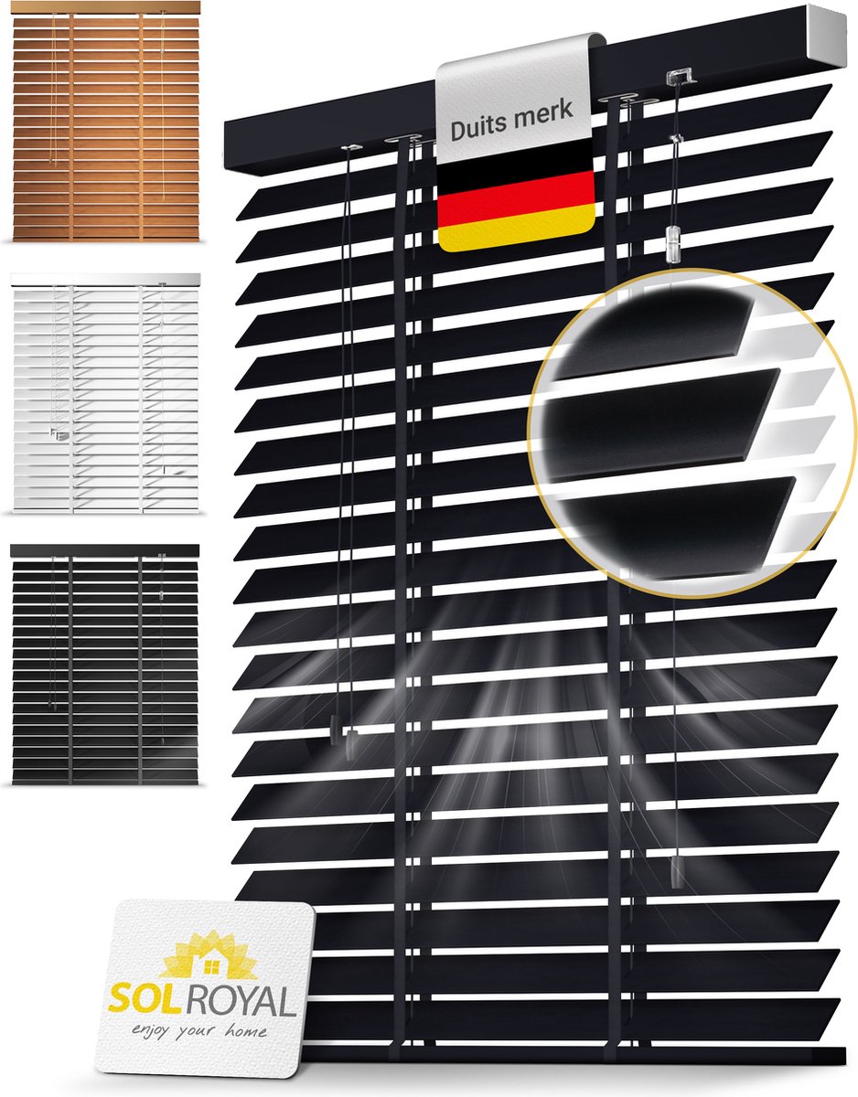 Sol Royal BE5 â€“ Houten Jaloezieen Zwaart 50 mm Lamellen Extra Breed â€“ 120x180 cm â€“ Eenvoudige Montage aan Muur & Plafond â€“ Echt Hout â€“ Rolgordijn Raam & Deur
