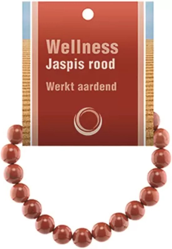 Rode jaspis kralen armband met een kaart. De armband is gebogen en de kralen zijn rond.