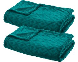 Atmosphera Plaid/bankdeken Monnet - 2x - mediteraan blauw - 180 x 230 cm - polyester fleece - ruitmotief - bedsprei
