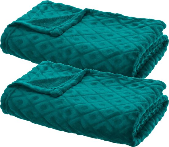 Atmosphera Plaid/bankdeken Monnet - 2x - mediteraan blauw - 180 x 230 cm - polyester fleece - ruitmotief - bedsprei