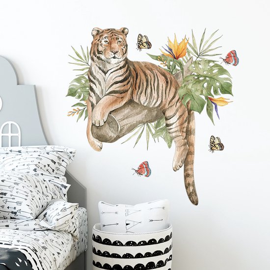 Muursticker Tigre - tropical - papillons - chambre d'enfant - chambre - salon - décoration - coloré - Stickerkamer®