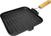 Klarstein Retinta grill- en steakpan - Gietijzer - Dutch oven - Voor alle soorten fornuizen, barbecues, grills en kampvuren - Afvoergoot - Uitklapbaar houten handvat - Vierkant - afmetingen: 38 x 2 x 24 cm (BxHxD) - Zwart