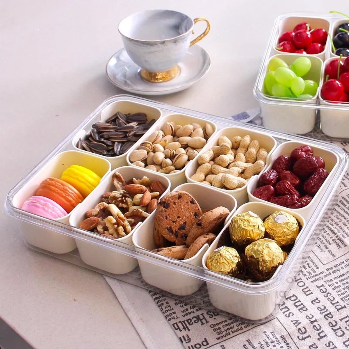 KimDo - Snackschaal met deksel - afneembare snackborden - snackbox - organizer - rechthoekig - snackschalen - snackbox met 8 vakken voor kruidenopslagcontainers - snoep - veganistisch - koekjes - noten