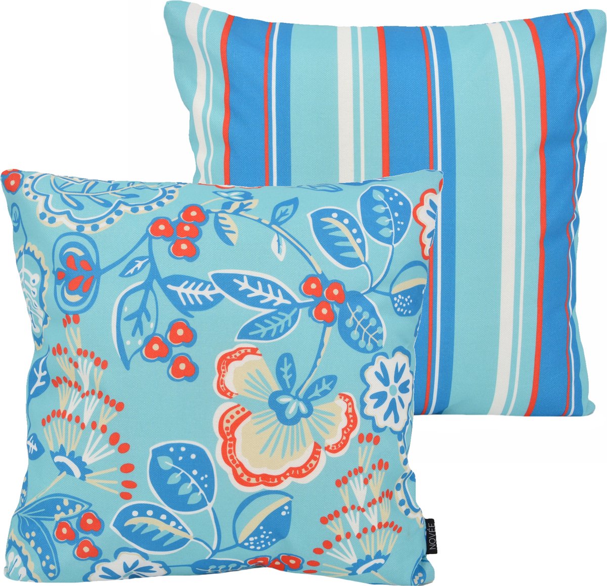 NOVÉE Sierkussen Flower Stripe Blauw Outdoor Buiten Collectie 45 x 45 cm Katoen