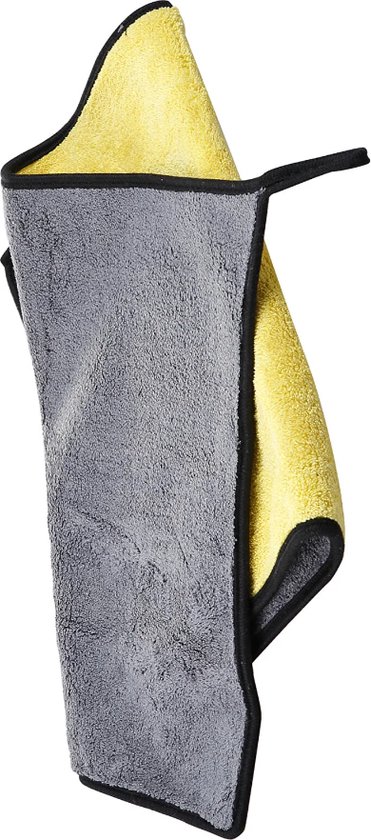 Grijze en gele microvezel droogdoek, met zwarte randsteek, hangend.