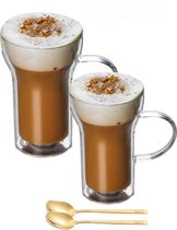 Dubbelwandige Koffieglazen Met Oor - Set van 2 - 400 ML - Gratis 2 Goud Lepels - Latte Macchiato Glazen - Theeglazen - Cappuccino Glazen - Koffieglazen