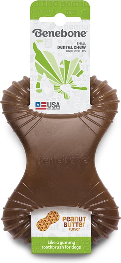 Benbone kauwspeeltje in de vorm van een bot met pindasmaak, in verpakking. "Peanut Butter Flavor".
