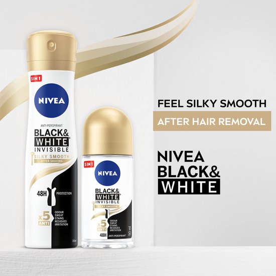 NIVEA Black & White Silky Smooth Deodorant Roller - Voor na het scheren - Geen witte of gele strepen - 48 uur bescherming - 6 x 50 ml - Voordeelverpakking - NIVEA