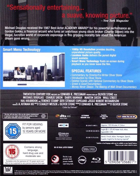 Achterkant Blu-ray van Wall Street, met tekst over de film, speciale functies en ratings.