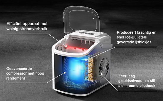Detailopname van een witte Bardi ijsblokjesmachine met interne componenten zichtbaar, waaronder een draaiende waterkolom en een ventilator.
