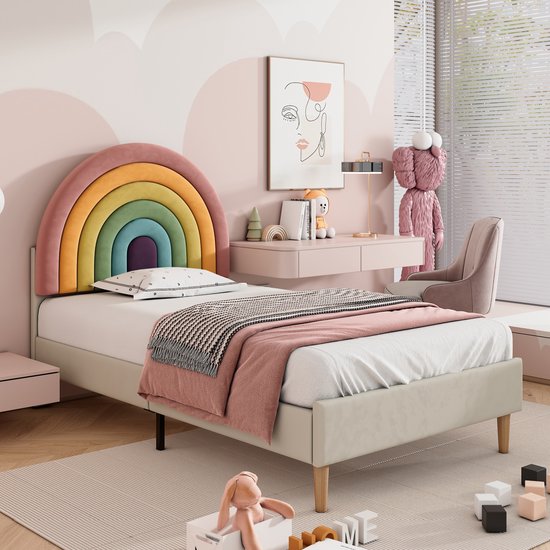 Gestoffeerd bed 90x200cm - jeugdbed Rainbow hoofdbord - houten lattenbodem - eenvoudige montage - in hoogte verstelbaar hoofdbord - fluweel beige