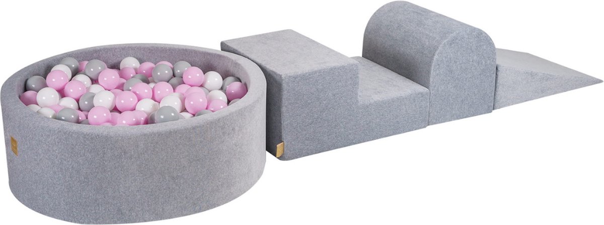 MeowBaby® Foam 3 elementen Speelset met Ballenbak 90x30cm met 200 Ballen Gecertificeerd, Fluweel grijs; roze, grijs, wit