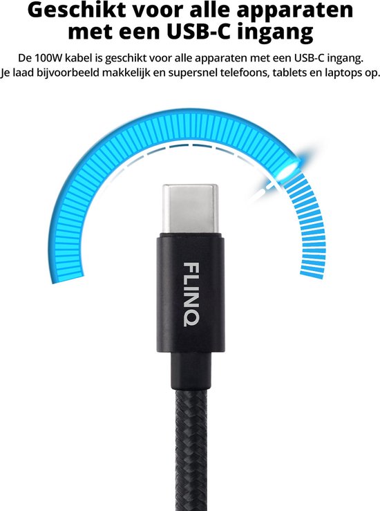 FlinQ - 2x USB C naar USB C Kabel 100W - Snellader voor Smartphone, Tablet - Zowel Datakabel als Oplader - 2 Meter Lange Nylon Oplaadkabel
