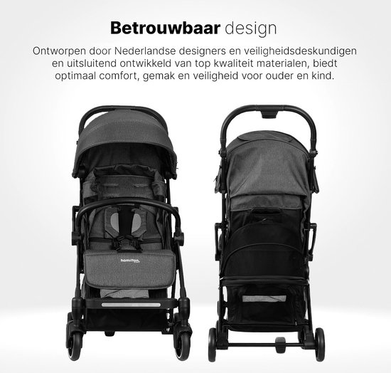 Vooraanzicht en zijaanzicht van de donkergrijze hamilton buggy. Ruim en betrouwbaar.