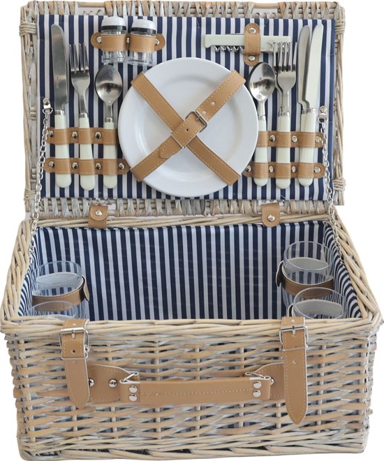 Panier pique-nique Lumparland avec contenu pour 4 personnes 42x28x20 cm blanc naturel et bleu casa.pro