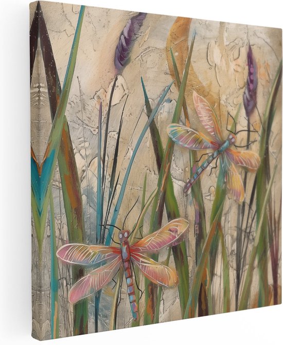 Artaza Canvas Schilderij Kleurrijke Libellen in het Gras - 90x90 - Groot - Foto Op Canvas - Canvas Print