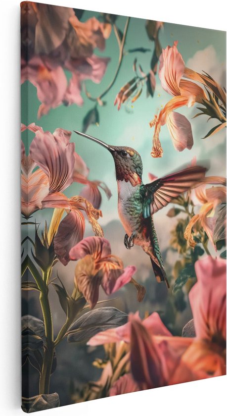 Artaza Canvas Schilderij Kolibrie die over Bloemen Vliegt - 40x60 - Wanddecoratie - Foto Op Canvas - Canvas Print