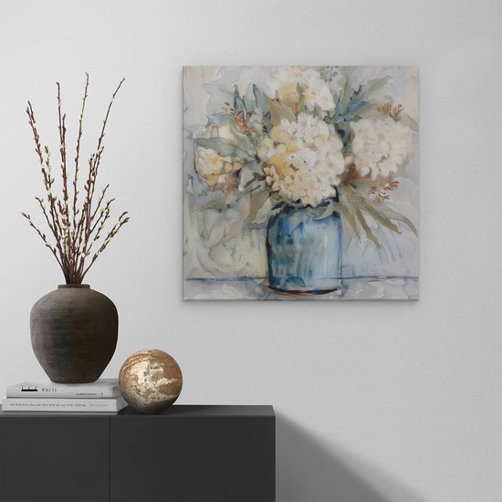 Artaza Canvas Schilderij Witte Bloemen in een Blauwe Vaas - 60x60 - Muurdecoratie - Foto Op Canvas - Canvas Print