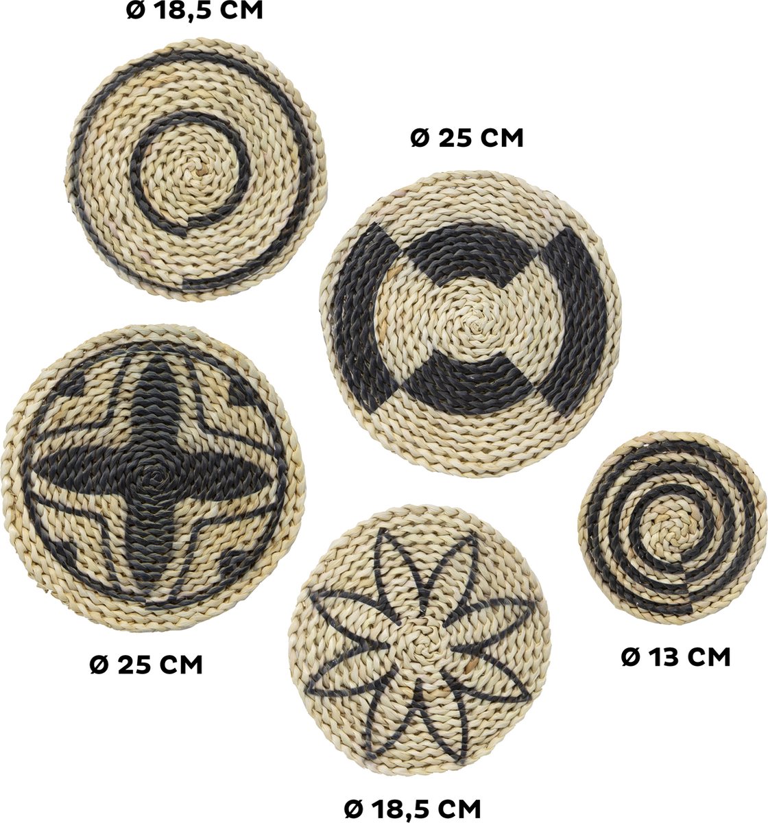 Art for the Home Rotan Wand decoratie Rotan wand decoratie set of 5: 2x 25cm / 2x 18,5cm / 1x 13cm