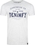 Lichtgrijs T-shirt met blauwe tekst: JEANWEAR CO. EST.1975 RAW & DENIM DENIMFY SUPERIOR QUALITY SAN FRANCISCO, CALIFORNIA / U.S.A. LIMITED EDITION.