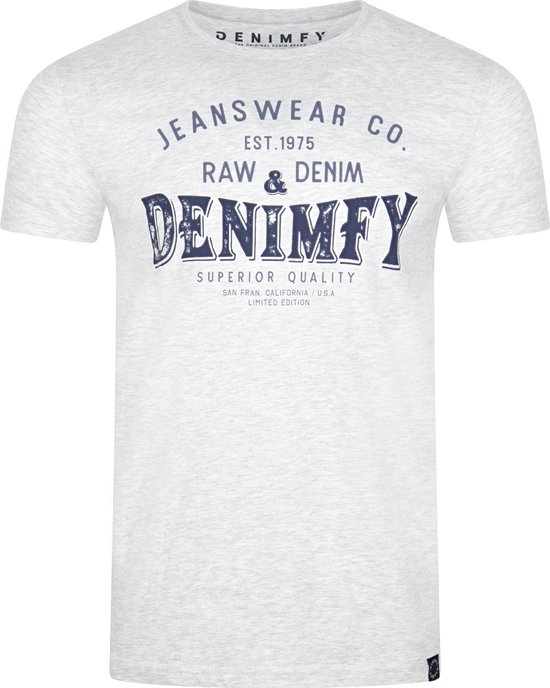 Lichtgrijs T-shirt met blauwe tekst: JEANWEAR CO. EST.1975 RAW & DENIM DENIMFY SUPERIOR QUALITY SAN FRANCISCO, CALIFORNIA / U.S.A. LIMITED EDITION.