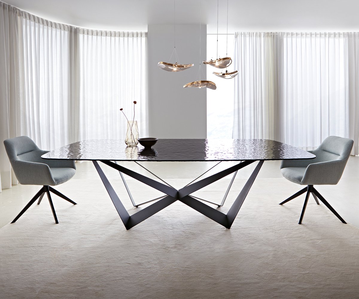 DELIFE Eetkamertafel Edge Boot Glas smelten rokerig zwart 3D-Relief 240x120 spider vlak staal zwart