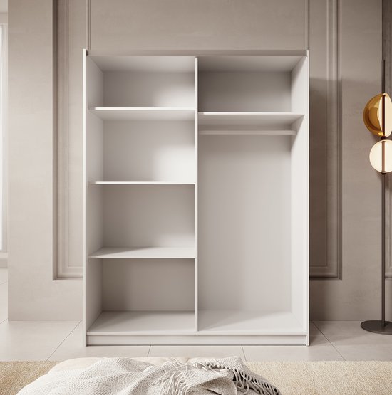 Meubella - Armoire Boets - Wit - Chêne - 150 cm - Avec miroir