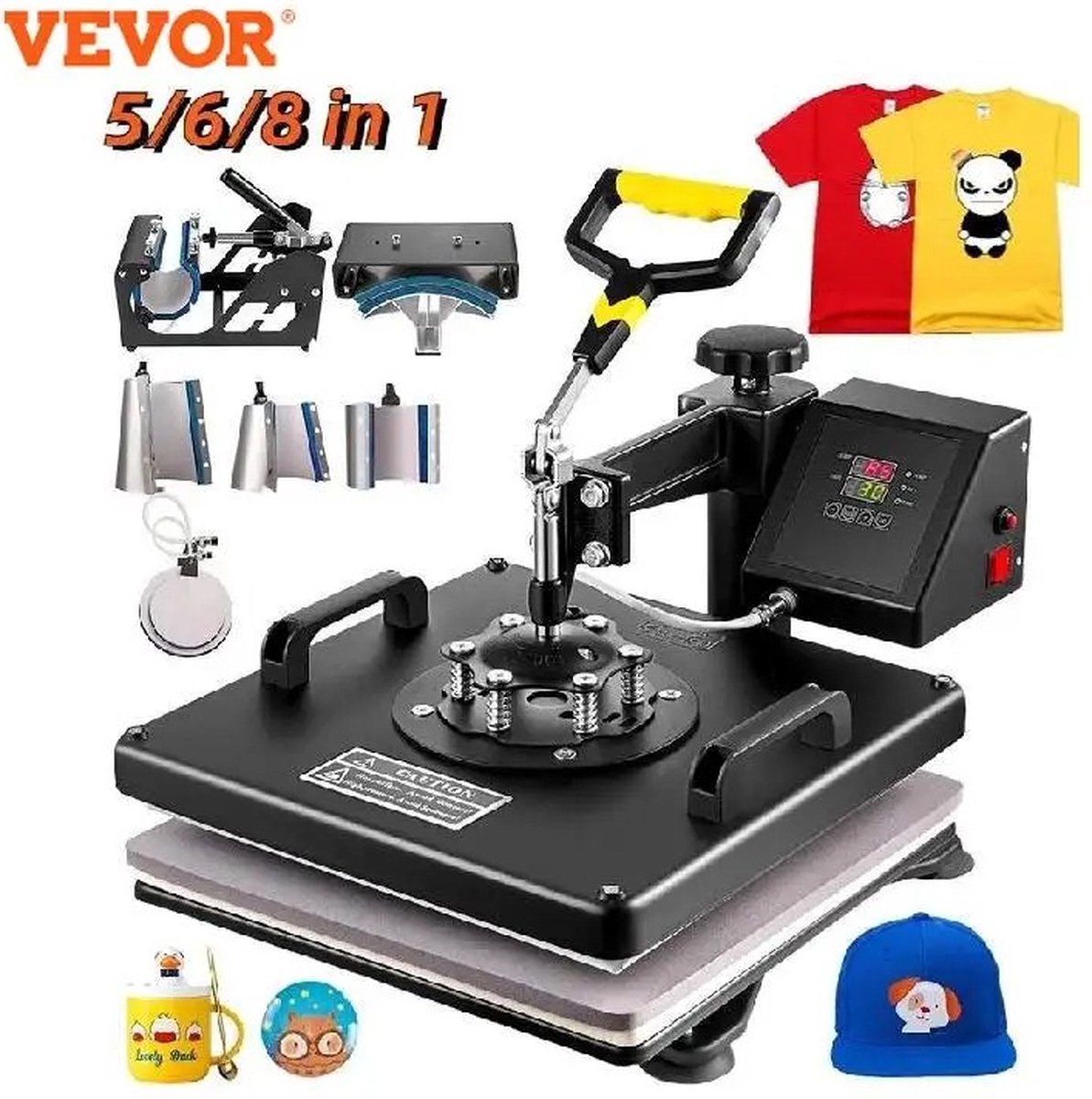 PrimePicks Transferpers Heat Press Machine 8 In 1 Multifunctionele Persmachine 38 x 30 cm Zes Elementen 95-232℃ LCD Scherm Letters Cijfers En Patronen Op Petten T-shirts Kopjes Borden Enz