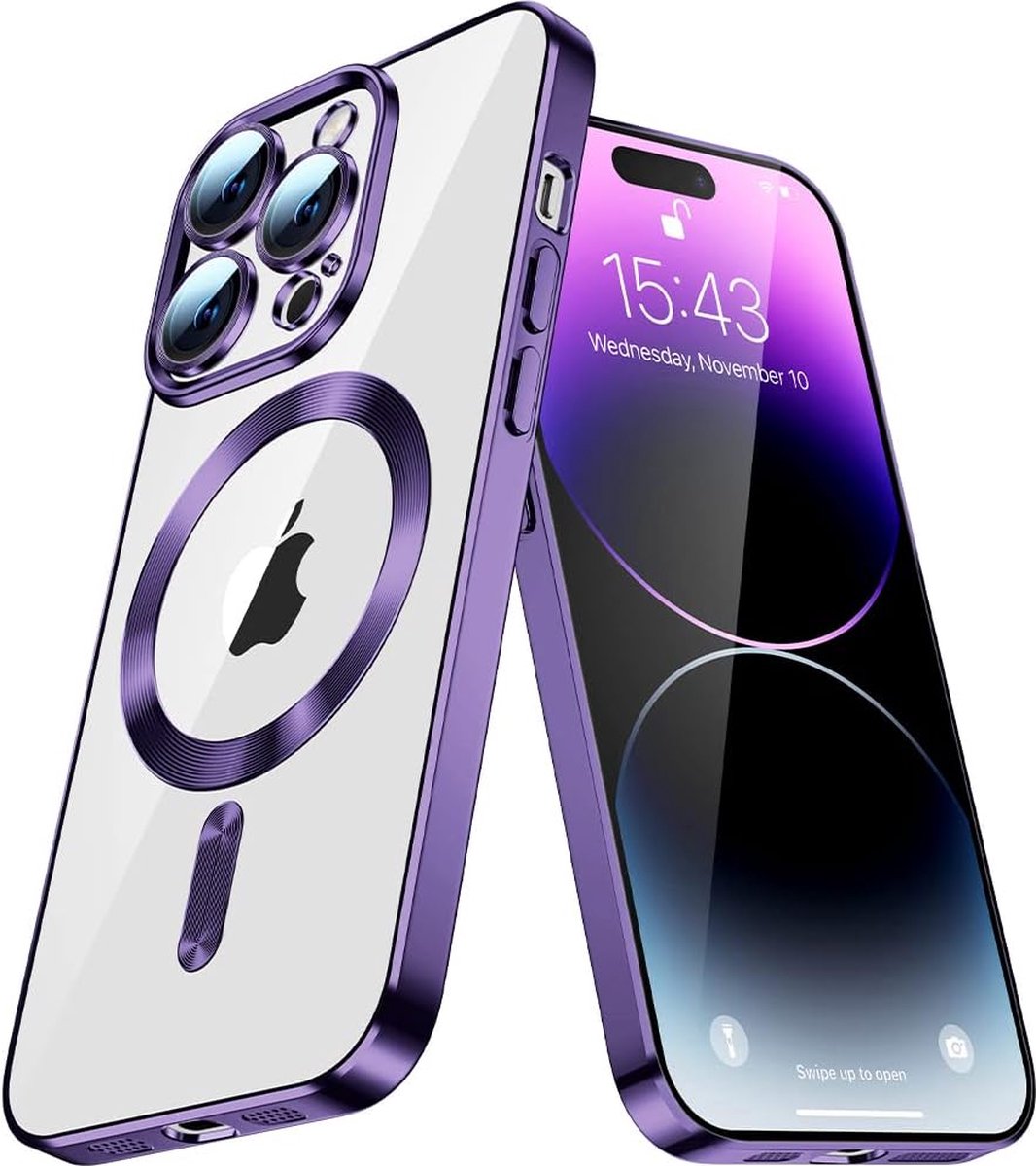 Magnetic Clear Silicone hoesje met geïntegreerde Camera Lens Protector - schokbestendig [Magsafe Magnetische Ring Case] - Paars - Geschikt voor iPhone 15 pro