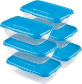 Hega Hogar Vershoudbakjes - set 6x stuks - 0.9 liter - transparant/blauw - L20 x B12 x H8 cm - Mealprep - Maaltijden bewaren