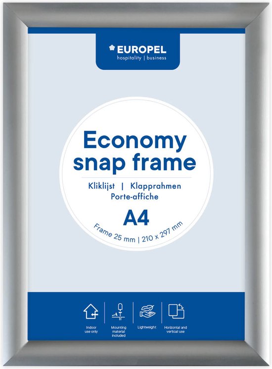 Europel Economy Kliklijst – Posterlijst – A4 – 21 x 29,7 cm – 25mm – Aluminium – Zilver