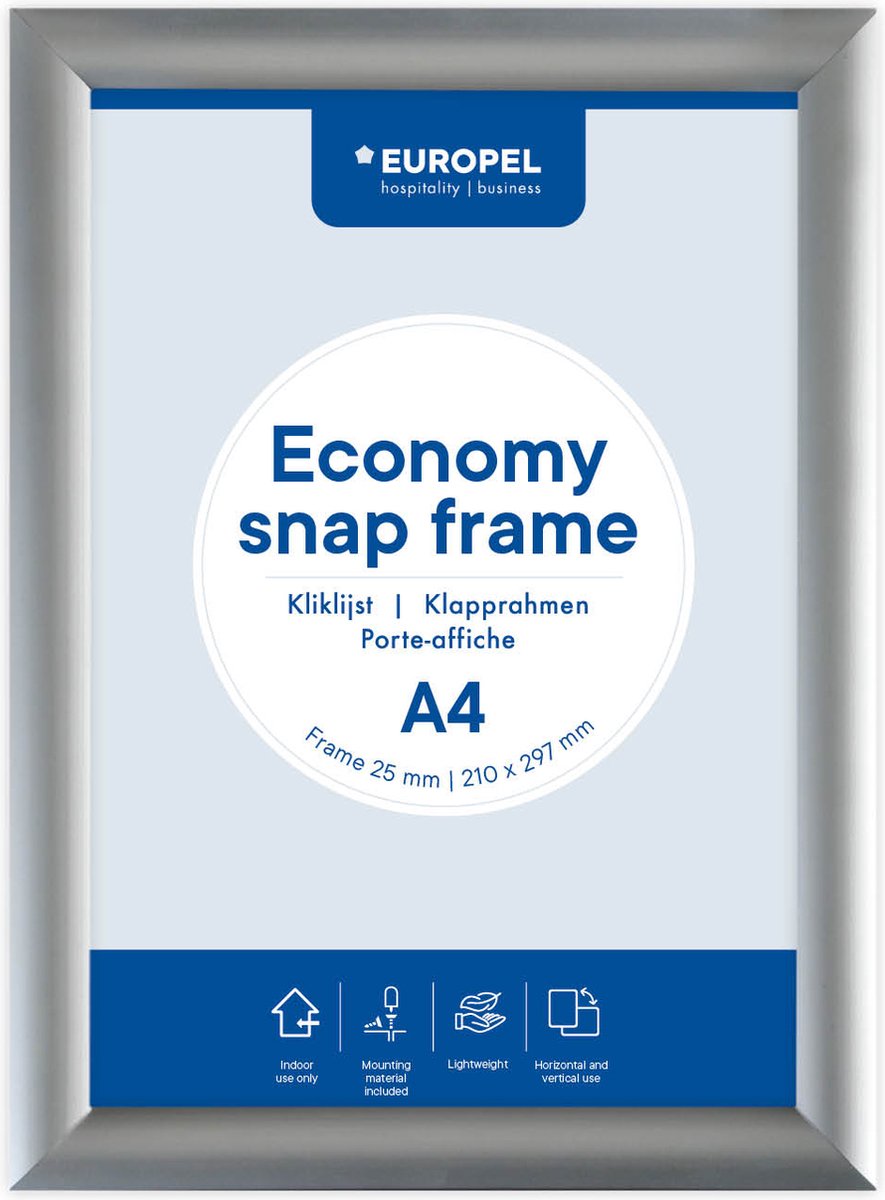 Europel Economy Kliklijst – Posterlijst – A4 – 21 x 29,7 cm – 25mm – Aluminium – Zilver