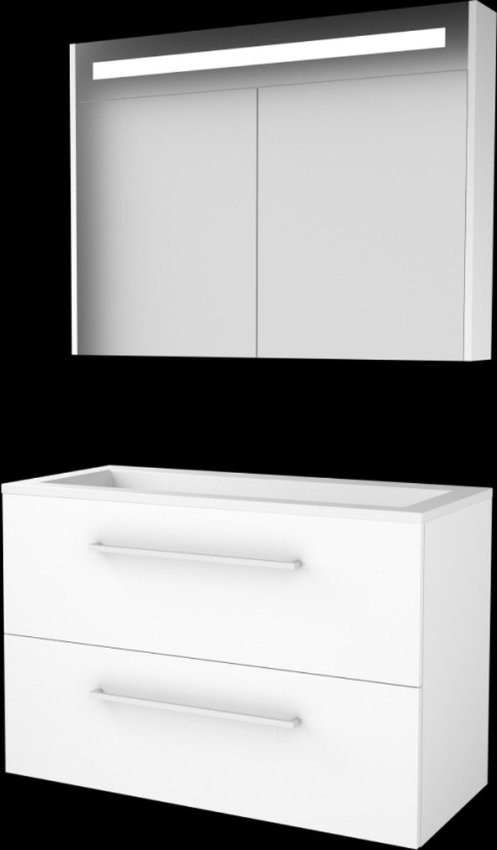 Basic Premium 46 badmeubelset met spiegelkast met geïntegreerde LED verlichting, wastafelonderkast met grepen, 2 lades en acryl wastafel zonder