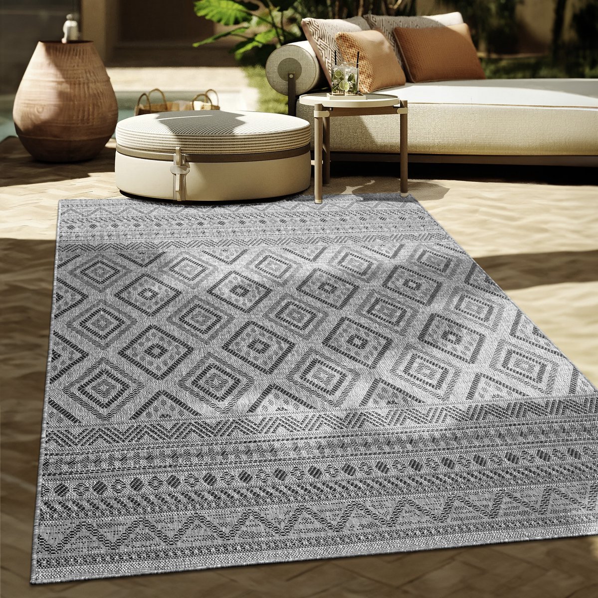 Paco Home In-& Outdoor Vloerkleed Balkon Terras Keukenvloerkleed Modern Boho Ethno Patroon 150 cm Quadrat