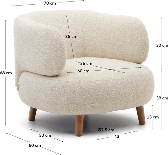 Kave Home - Luisa-fauteuil in witte schapenvacht met massief beukenhouten poten