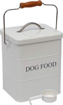Voerbakken voor voedsel voor huisdieren, voorraadbak met deksel en schepje, metalen voerbak met houten handvat voor droog hondenvoer - capaciteit 2,5 kg - wit