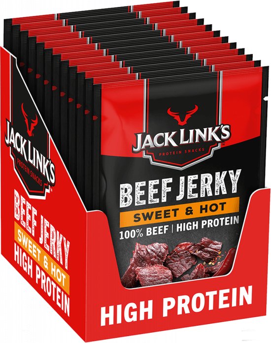 Doos met 12 verpakkingen Jack Link's Beef Jerky Sweet & Hot, hoog in eiwitten.
