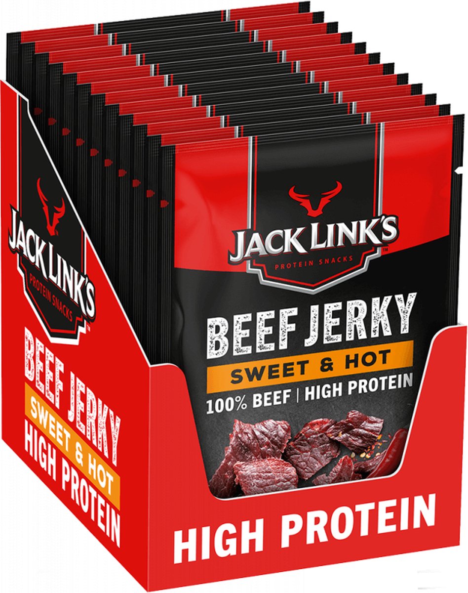 Jack Link's Sweet & Hot Beef Jerky - High Protein - 100% Beef - Hoog in Eiwitten - Ideale Proteine Snack - voor Tussendoor, Onderweg of voor het Sporten - 12x60g